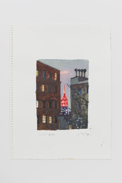 刘小东，《Empire State Building - Red Alert 2020.4.4》，2020。纸上水彩，33.5x25cm。图片提供：里森画廊。