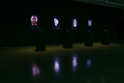 Zach Blas, Face Cages (2014–16). Exhibition view: Propositions for a stage: 24 frames of a beautiful heaven, Institute of Contemporary Arts Singapore, LASALLE College of the Arts (29 July–22 October 2017). ©