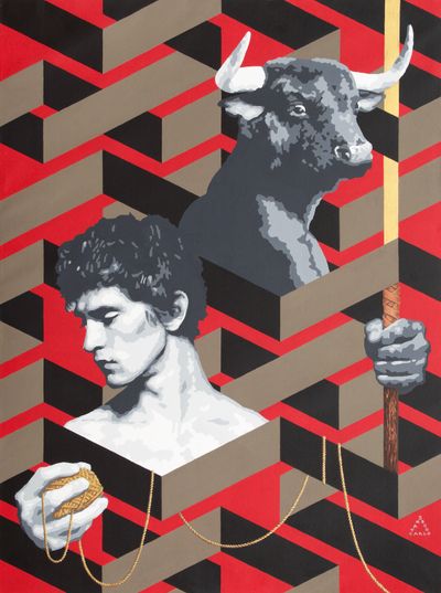 Carlo Tanseco, Theseus and the Minotaur (2020). Acrylic on canvas. 101.6 x 76.20 cm.