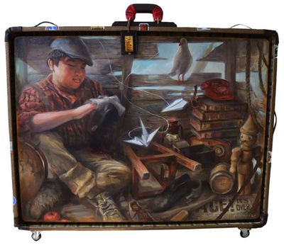 Ricky Ambagan, Driven (2021). Oil on canvas with vintage luggage. 36 x 48 cm.