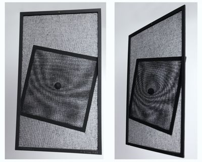 Alberto Biasi's monochromatic geometric artworks titled 'Trama' (1959). Gauze and tempera. Part of the Alberto Biasi Archive Collection, Padua.