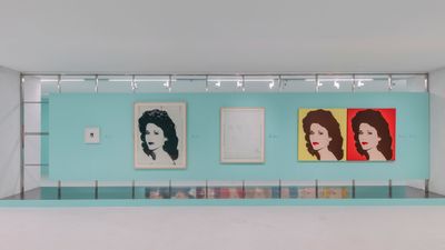 Print series showing woman's portrait against shades of white, yellow, and red, separated by an empty canvas.