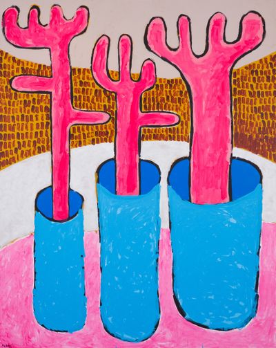 Mohamed Ahmed Ibrahim, 3 Pink Forks in Vase (2020). Acrylic on canvas. 250 x 200 cm.