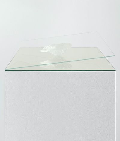 Isaac Chong Wai, Missing Space: 52°31'12.7"N 13°23'25.8"E (2021). Casted glass, laser engraving on low-iron glass, mirror.