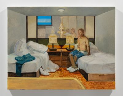 Oil painting of a bare chested man sitting alone on a hotel bed.