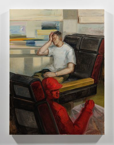Oil painting of a man sitting in a train with one hand on his forehead.