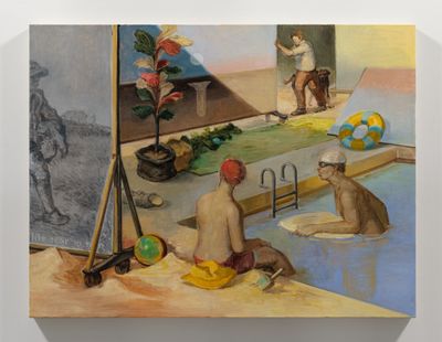 Oil painting showing two men in a swimming pool looking over to a large painting that is being brought over. 