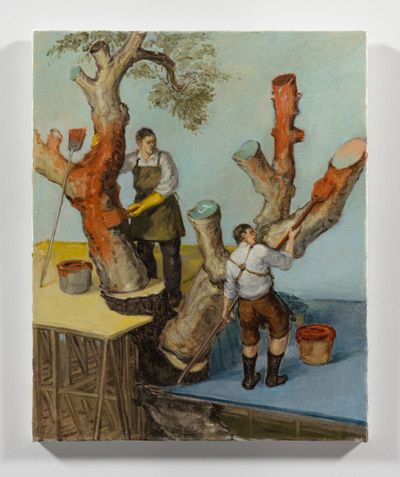 Oil painting showing two men painting a tree red and blue. 