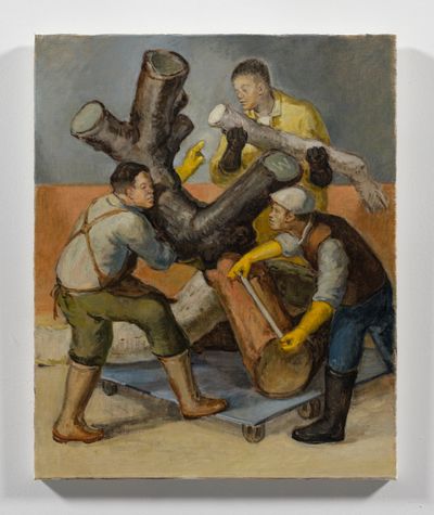 Oil painting showing three men sawing and measuring a tree trunk. 