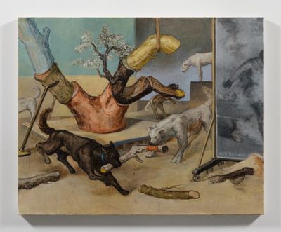 Oil painting showing two dogs fighting over a stick besides a tree made from tree parts. 