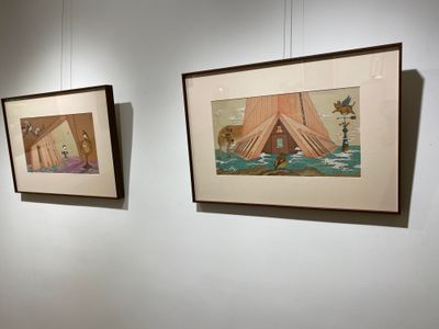 Left to right: Cherie Cheuk Ka-wai, The Enigma of an Afternoon 1 and 2 (both 2021). Chinese ink and colour on silk. 25 x 45 cm. Exhibition view: Chinese Surrealism, Alisan Fine Arts, Hong Kong (15 May–7 August 2021).