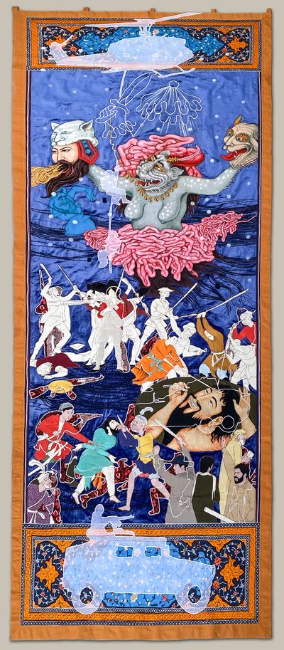 Khadim Ali, The other gods and goddesses (2020). 359 x 136 cm. Machine and hand embroidery and dye ink on fabric.