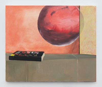In a painting by Dexter Dalwood, a large pinkish-red sphere is partially concealed by a sheet of yellow covered in red dots, while to the left, the backdrop is orange. Below the sphere, a book rests on a table.