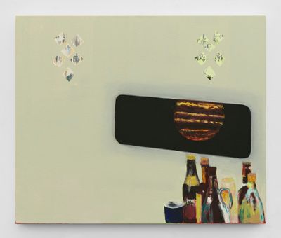 A planet resembling Mars appears through a black portal in a painting by Dexter Dalwood. The portal is placed on a light yellow background. Below it, there is an assortment of liquor bottles.