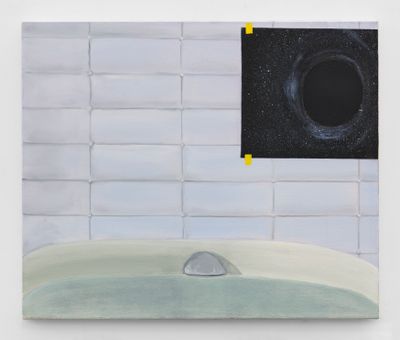 A painting by Dexter Dalwood depicts a bathroom interior, with an image of a black hole pasted to its sparse, lilac tiles. The lower part of the painting is taken up by a sink.