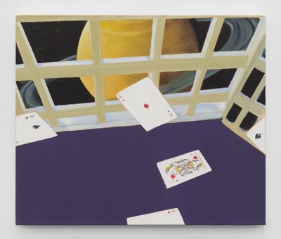 A grid formation separates the space in Dexter Dalwood's painting. In front, cards appear to fly above a purple table-top. Behind the grid, Saturn is depicted against a black background.