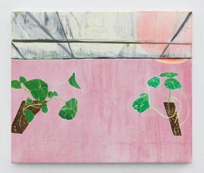 A painting by Dexter Dalwood depicts two thin flower beds, each with nasturtium rising from the soil. The flower beds are depicted above a pink background as though hovering.