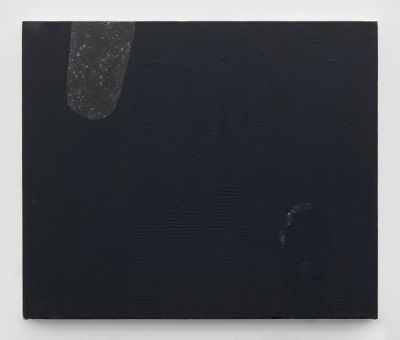 A black painting by Dexter Dalwood has a slightly rough texture. In the top left-hand corner, an oval-shaped, speckled grey rock appears to be floating.