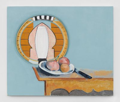 A painting by Dexter Dalwood depicts three orange-pink fruit in a bowl on a table beside a knife. The table is positioned to the lower right- hand corner. The wall above it is rendered sky-blue and features a surrealistic framed image.