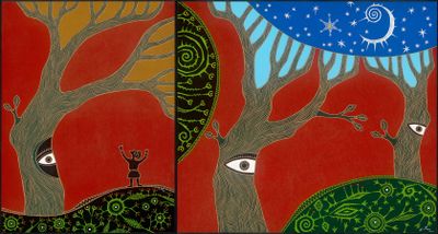 Etan Pavavalung, Seeds and Dreams (2021). Acrylic and print pigment on board. Diptych: 80 x 150 x 5 cm.