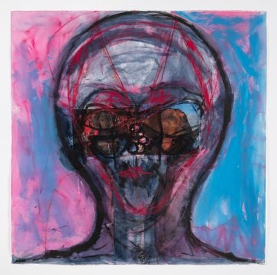 A brusquely drawn alien-like portrait by Huma Bhabha is outlined in shades of blue, pink, and black.