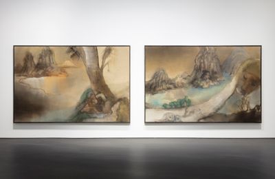 Left to right: Leiko Ikemura, Genesis (2015). Tempera on jute. 190 x 290 cm; Tokaido (2015). Tempera on jute. 190 x 290 cm. Exhibition view: L'invitation au voyage, Esther Schipper, Berlin (28 April–27 June 2021).
