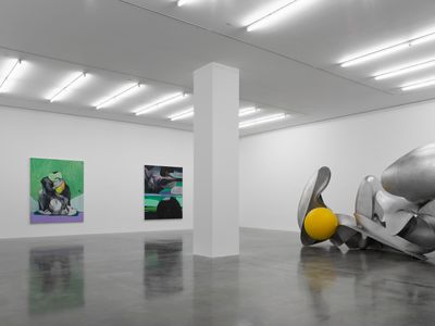 Artist Liu Wei's exhibition depicting concrete hued large-scale fibreglass aluminium sculpture and two oil paintings at White Cube Bermondsey