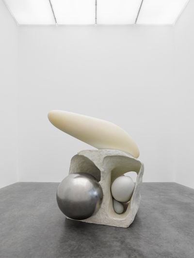 Artist Liu Wei's artwork made of fibreglass & aluminium sculptures which consists of a large aluminium ball pasted together to form a biomorphic object