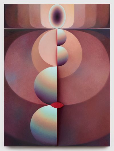 洛伊·霍洛韦尔，《红洞》，2019。亚麻布面油彩、丙烯混合物和高密度泡沫覆于画板，183.2×137.2×8.3cm。图片提供：龙美术馆。