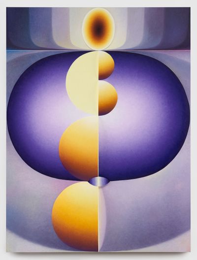 Loie Hollowell, Purple Ovum (2020). Oil paint, acrylic medium, and high-density foam on linen mounted on panel. 182.9 × 137.2 × 9.5 cm. Courtesy Private Collection.