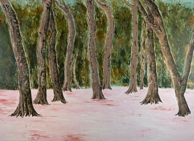 A grouping of trees is painted with a pink ground, and the faint lines of a grid are drawn on top of the scene.