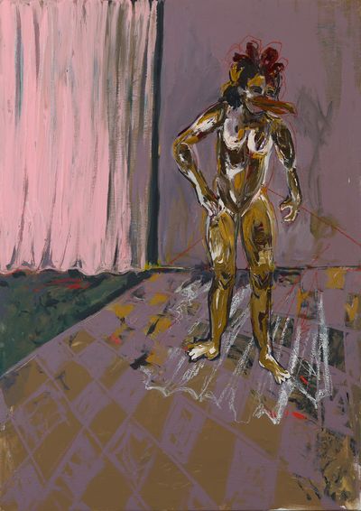 A beaked human figure stands against a gestural, painterly background.