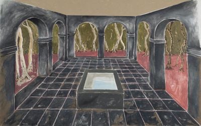 A painting by Maitha Abdalla situates an abandoned, roofless arched structure around a water basin in the middle of the forest.