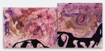 A diptych of pink, swirling abstract paintings by Manuel Mathieu, with a stroke of dripping black paint running across.
