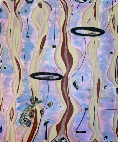 A blue and pink abstract painting by Manuel Mathieu, with what look like brown and beige flames running across the image's surface.