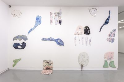 An installation by Manuel Mathieu of individual ceramic pieces in the  gallery space, hanging on a wall with some resting on the floor.