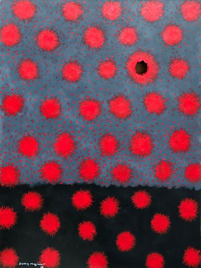 Against a grey background, globes of red are surrounded by specks of red, and a distinct hole shaped as a bullet hole is present on the surface of the canvas.