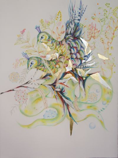 In a drawing by Soe Yu New, a coloured bird is pictured amongst fragments of silver and gold gilded shapes, as well as branches with leaves and flowers sprouting from them.