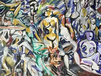 An abstract painting by an anonymous painter features nude figures surrounded by gestural strokes of coloured paint.