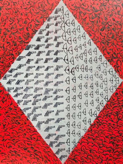 A painting by Aung Myint features a repeated pattern of guns pointing to wooden bows and arrows enclosed by a blood red diamond.