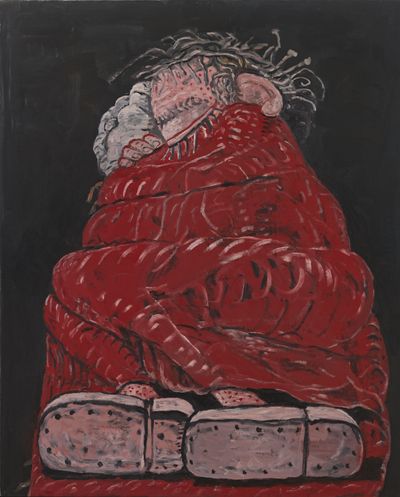 In a painting by Philip Guston, a figure is wrapped in a thick red blanket, their eyelid and lashes visible at the top. Their hand clenches the blanked and they are surrounded by darkness.