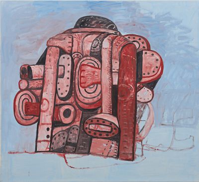 A painting by Philip Guston features fleshy red tubes and mechanic elements that form a square unit against a sky-blue background.