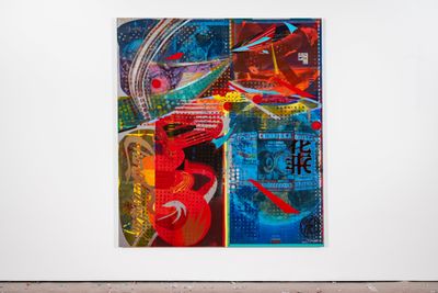 Pu Yingwei, A Study in Scarlet: New Geography (Two Types of Red Colonies) (2021). Oil on canvas, acrylic, collage on paper, spray paint, paint pen, marker, transparent watercolour, watercolour, stamp, woodcut prints. 200 x 180 cm.