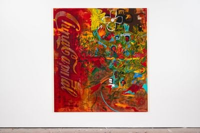 Pu Yingwei, A Study in Scarlet: When the World Becomes a Plantation (2021). Oil on canvas, acrylic, collage on paper, spray paint, paint pen, marker, transparent water colour, watercolour, gold foil, stamps, woodcut prints, toner, oil pastel. 200 x 180 cm.