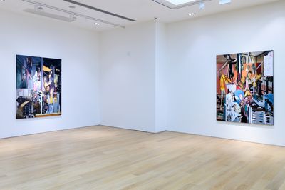 Left to right: Rodel Tapaya, The Couple (2021). Acrylic on canvas. 193 x 152.4 cm; Family Affair (2021).Acrylic on canvas. 193 x 152.4 cm. Exhibition view: Rodel Tapaya, Random Numbers, Tang contemporary Art, Hong Kong (22 April–15 May 2021).