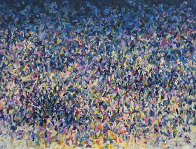 Abstract landscape painting depicting dense violet splatters on yellows and pinks.