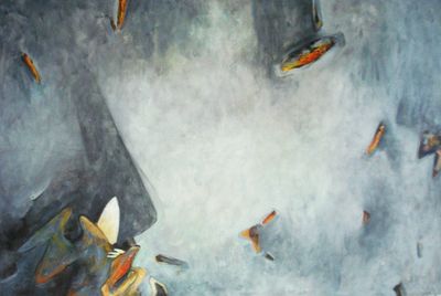 Abstract painting showing orange beaks and grey and white feathers.