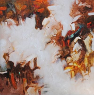 Abstract painting showing birds in flight painted orange, auburn, and white.