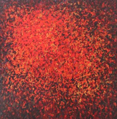 Abstract landscape painting from Ruwan Prasanna's 'Twilight' series blending scarlet red, yellow, and orange. 