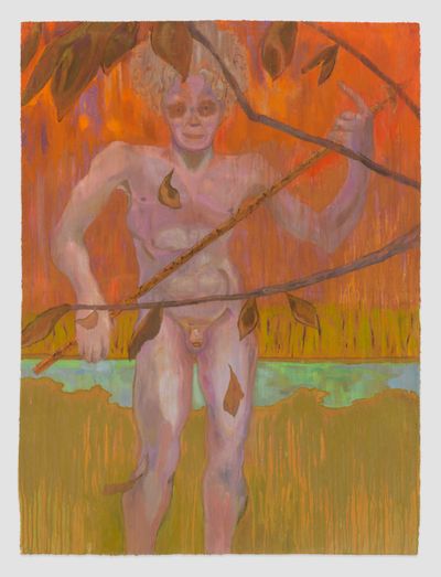 A figure with purple-hued flesh stands naked behind branches, against a yellow and orange background.
